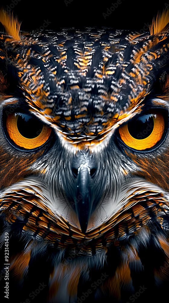 A close up of an owl's face with its eyes open and yellow feathers. The owl's eyes are large and yellow, giving it a fierce and intimidating appearance. Concept of power and strength A close up of an owl's face with its eyes open and yellow feathers. The owl's eyes are large and yellow, giving it a fierce and intimidating appearance. Concept of power and strength