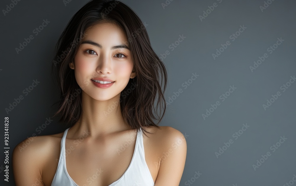 An Asian woman, clad in a white top, smiles warmly while standing against a gray background, creating a bright and friendly portrait. An Asian woman, clad in a white top, smiles warmly while standing against a gray background, creating a bright and friendly portrait.