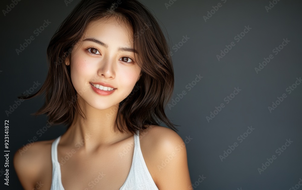 An Asian woman, clad in a white top, smiles warmly while standing against a gray background, creating a bright and friendly portrait. An Asian woman, clad in a white top, smiles warmly while standing against a gray background, creating a bright and friendly portrait.