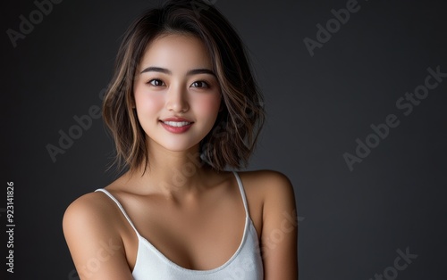 An Asian woman, clad in a white top, smiles warmly while standing against a gray background, creating a bright and friendly portrait.