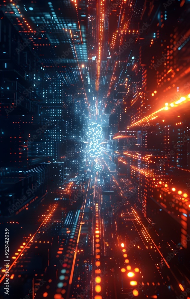 Abstract Digital Tunnel with Red and Blue Lights. Abstract Digital Tunnel with Red and Blue Lights.