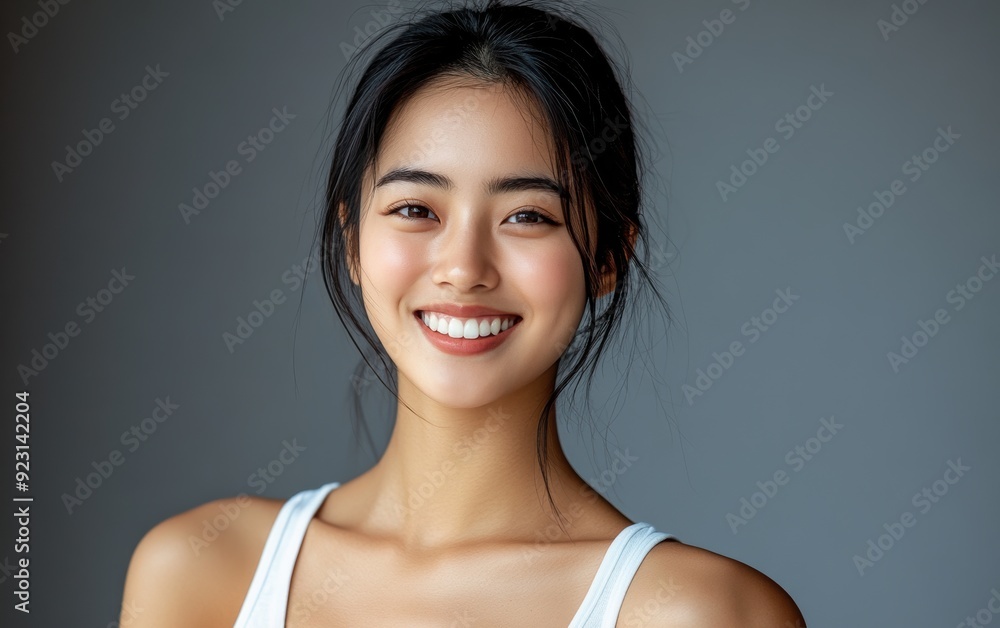 An Asian woman, clad in a white top, smiles warmly while standing against a gray background, creating a bright and friendly portrait. An Asian woman, clad in a white top, smiles warmly while standing against a gray background, creating a bright and friendly portrait.