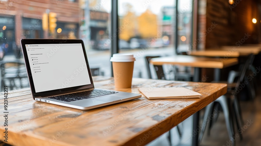 Cozy cafe workspace featuring a laptop, coffee cup, and notepad on a wooden table, ideal for productivity and relaxation. Cozy cafe workspace featuring a laptop, coffee cup, and notepad on a wooden table, ideal for productivity and relaxation.
