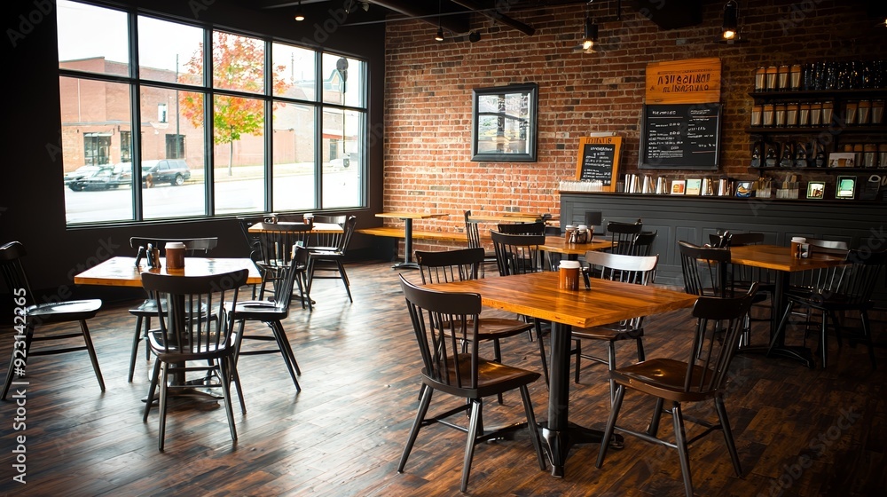 Cozy dining area with wooden tables and chairs, featuring a rustic brick wall and large windows that invite natural light. Cozy dining area with wooden tables and chairs, featuring a rustic brick wall and large windows that invite natural light.