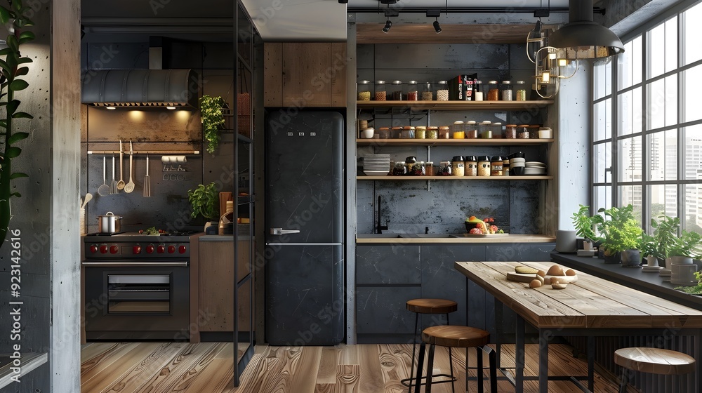 Modern Industrial Kitchen Interior Design with Concrete Walls and Wood Accents. Modern Industrial Kitchen Interior Design with Concrete Walls and Wood Accents.