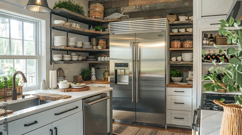 Modern Kitchen Interior with Stainless Steel Appliances and Rustic Accents. Modern Kitchen Interior with Stainless Steel Appliances and Rustic Accents.