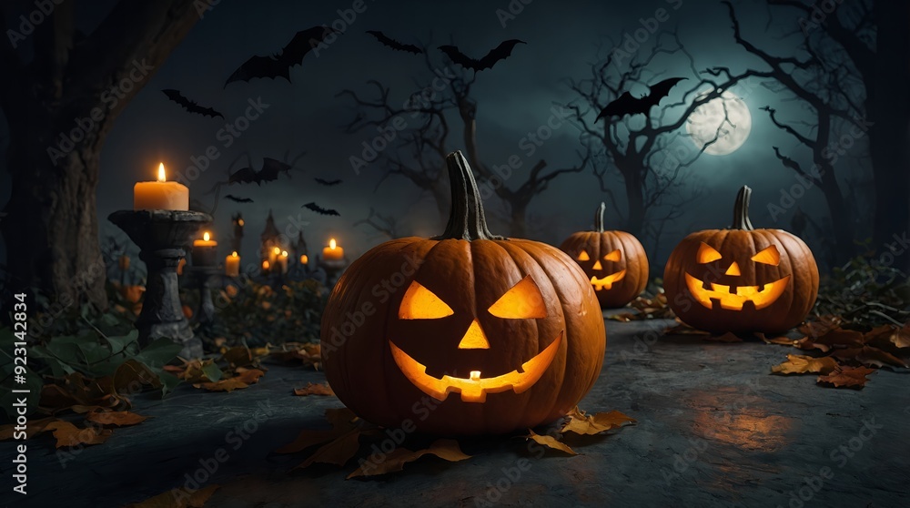 The eerie allure of Halloween night with intricately carved jack-o’-lanterns, fog, and spooky decorations setting the mood The eerie allure of Halloween night with intricately carved jack-o’-lanterns, fog, and spooky decorations setting the mood