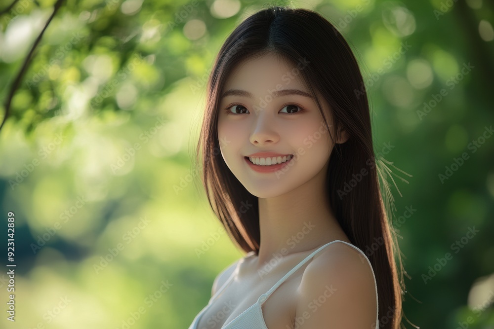 cheerful Asian woman stands before a bright green background, her natural, flawless skin ideal for beauty and skincare ads. cheerful Asian woman stands before a bright green background, her natural, flawless skin ideal for beauty and skincare ads.