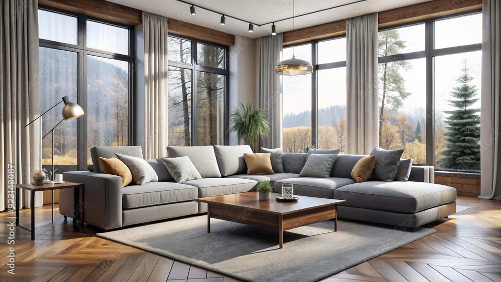 Modern gray sectional sofa with pillows and throws in a spacious living room with large windows, wooden floor, and minimalist decor. Modern gray sectional sofa with pillows and throws in a spacious living room with large windows, wooden floor, and minimalist decor.