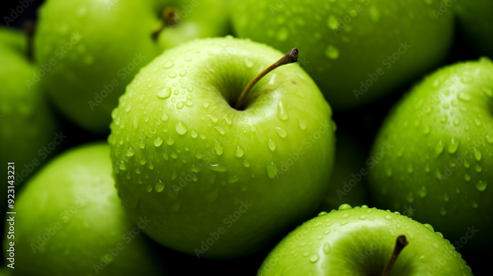 Granny smith apples with water drops, close up Granny smith apples with water drops, close up