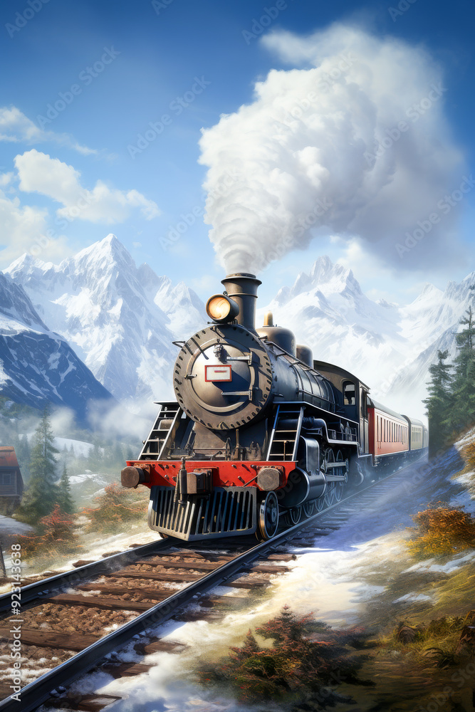 Obraz premium A vintage steam train chugs through a scenic snowy mountain landscape, releasing white smoke under a bright blue sky, evoking a sense of adventure