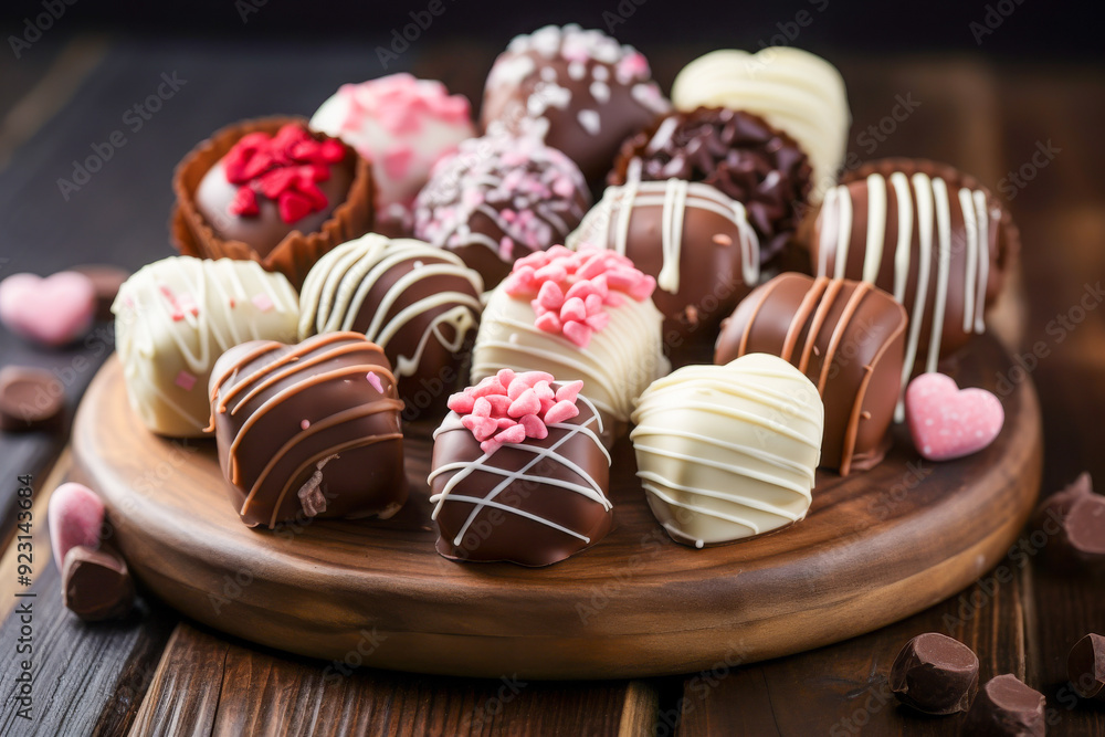 A variety of beautifully decorated chocolate truffles in different shapes and flavors, presented on a wooden plate, perfect for dessert lovers A variety of beautifully decorated chocolate truffles in different shapes and flavors, presented on a wooden plate, perfect for dessert lovers