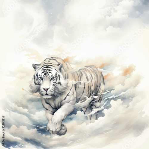 Majestic white tiger amidst clouds