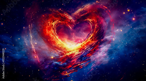 A vibrant heart shape made of swirling flames and cosmic elements, set against a colorful galaxy backdrop in deep space