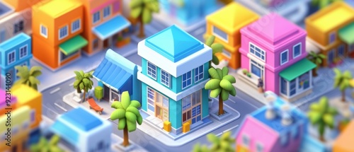 Vibrant Isometric Cityscape with Charming Small Businesses - Urban Exploration in Miniature Scale