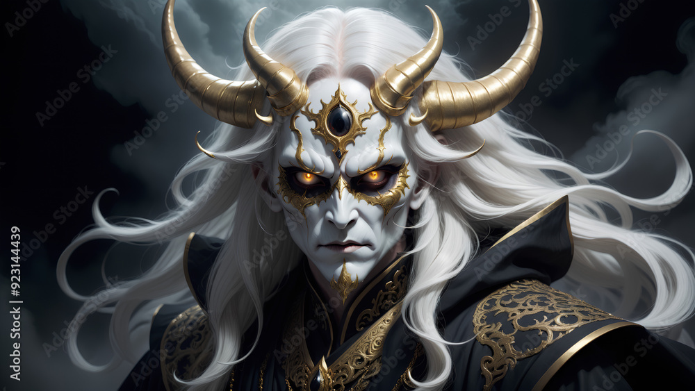 menacing figure with a demonic mask adorned with intricate golden details and two large menacing figure with a demonic mask adorned with intricate golden details and two large