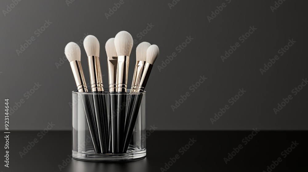 Modern glass brush holder with metallic accents, filled with high-quality artist brushes, arranged by size and color on a sleek black desk Modern glass brush holder with metallic accents, filled with high-quality artist brushes, arranged by size and color on a sleek black desk