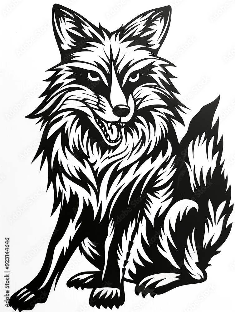 A black and white drawing of a fox with its mouth open and tongue hanging out. The fox is sitting on its haunches and he is looking at the camera. The drawing has a bold and playful feel to it A black and white drawing of a fox with its mouth open and tongue hanging out. The fox is sitting on its haunches and he is looking at the camera. The drawing has a bold and playful feel to it