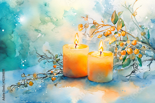 Watercolor illustration of two glowing candles surrounded by winter foliage, creating a serene and warm ambiance perfect for the holiday season.