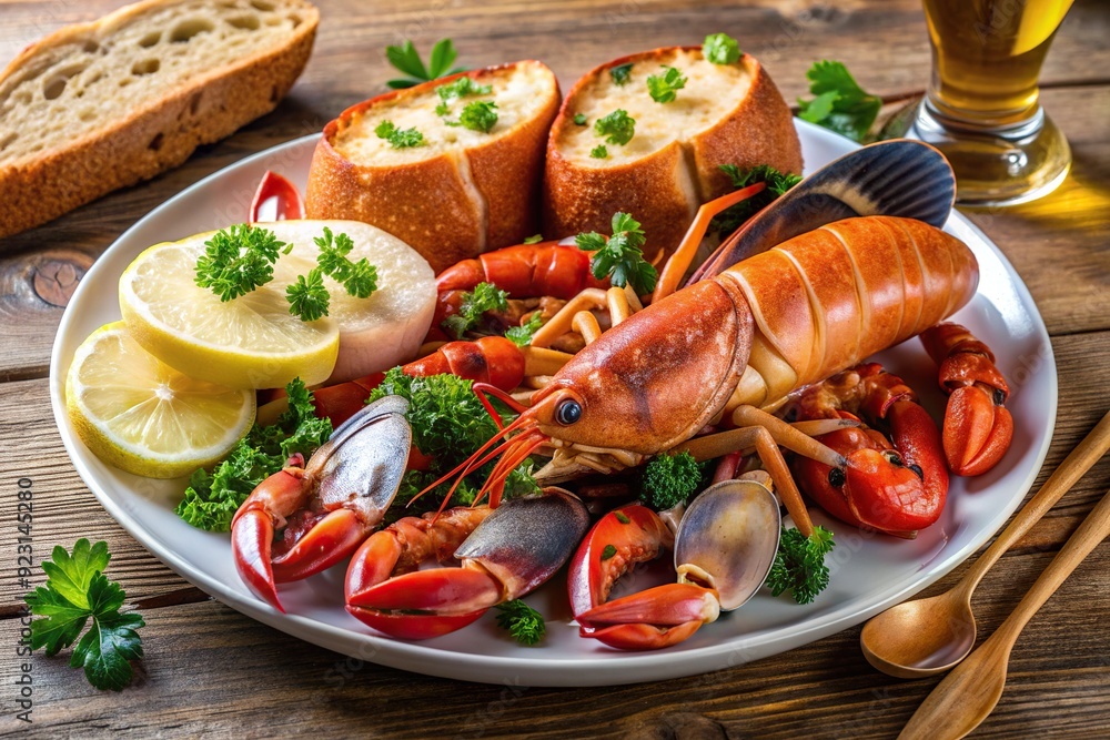 Freshly caught lobster, shrimp, and mussels arranged on a white plate with lemon wedges and garnished with parsley, served with a side of golden bread. Freshly caught lobster, shrimp, and mussels arranged on a white plate with lemon wedges and garnished with parsley, served with a side of golden bread.