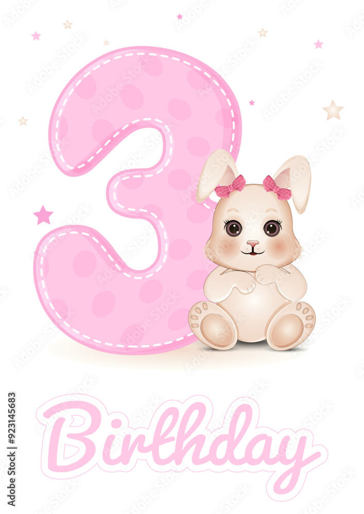 Cute baby shower card with number 3 and bunny. Birthday card. Vector illustration. Cute baby shower card with number 3 and bunny. Birthday card. Vector illustration.