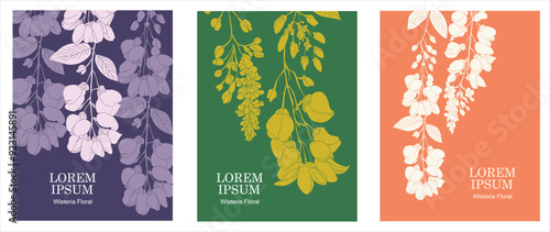 Set of line drawings of wisteria flowers for designing prints, signs, posters and online titles.