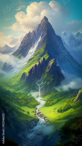 A towering mountain with a cascading waterfall flowing into a lush green valley surrounded by mist and bathed in soft sunlight creating a serene and awe-inspiring scene