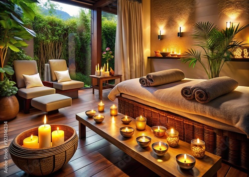 Soothing ambiance of a serene spa, with scented candles, essential oils, and comfortable furnishings, invites relaxation and rejuvenation for a tranquil mind and body. photo