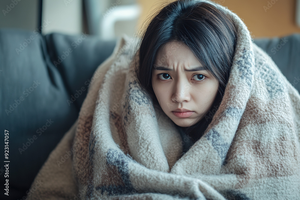 Sick Asian Woman in Blanket on Home Sofa, Depicting Symptoms of Stomach Flu and Emotional Struggles, Emphasizing Health and Distress Sick Asian Woman in Blanket on Home Sofa, Depicting Symptoms of Stomach Flu and Emotional Struggles, Emphasizing Health and Distress