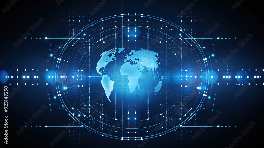 Abstract blue digital world map with glowing lines and dots. Abstract blue digital world map with glowing lines and dots.