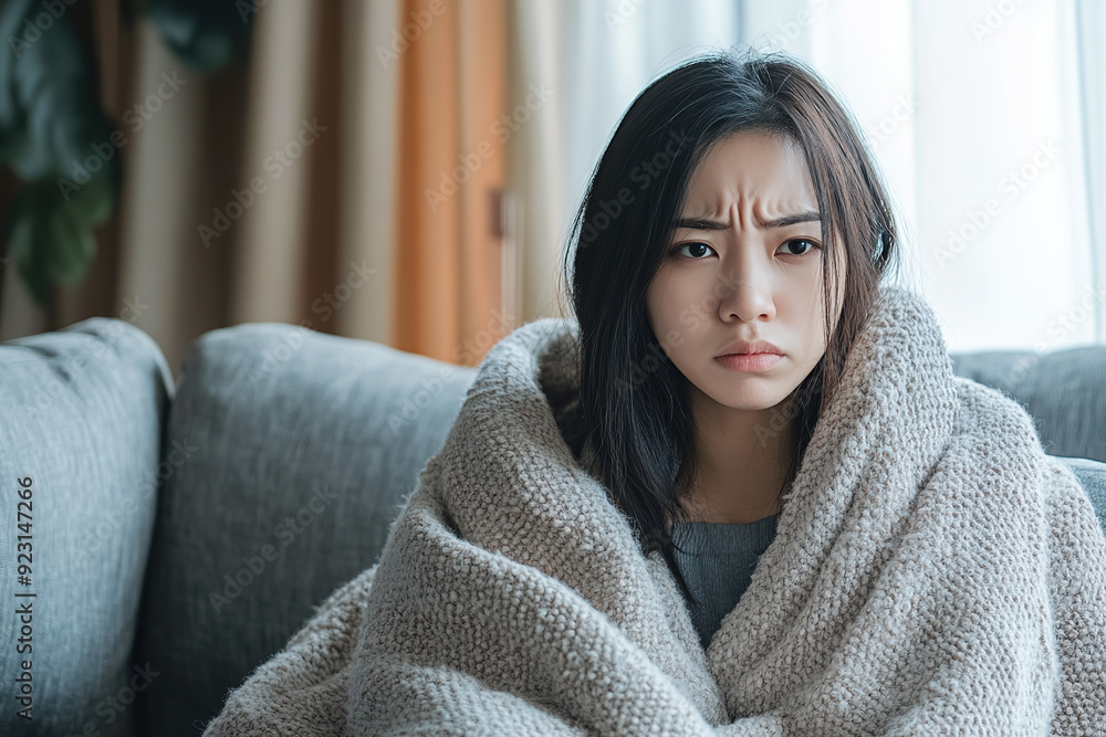 Sick Asian Woman in Blanket on Home Sofa, Depicting Symptoms of Stomach Flu and Emotional Struggles, Emphasizing Health and Distress Sick Asian Woman in Blanket on Home Sofa, Depicting Symptoms of Stomach Flu and Emotional Struggles, Emphasizing Health and Distress