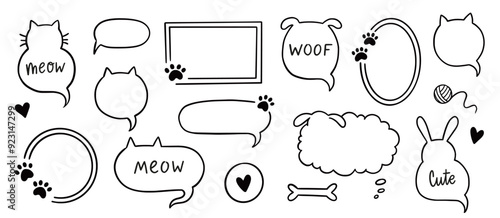 Cat dog pet frame, speech bubble cute set. Hand drawn sketch doodle line style animal pet frame design. Cat, dog paw cute talk speech bubble design. Puppy round footprint badge. Vector illustration.