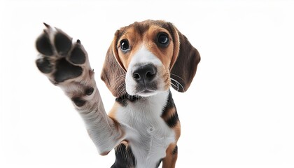A cute little dog with brown, white, and black fur is wagging its tail and looking up at the camera. beagle raising one paw to give high five islolated on a white background 