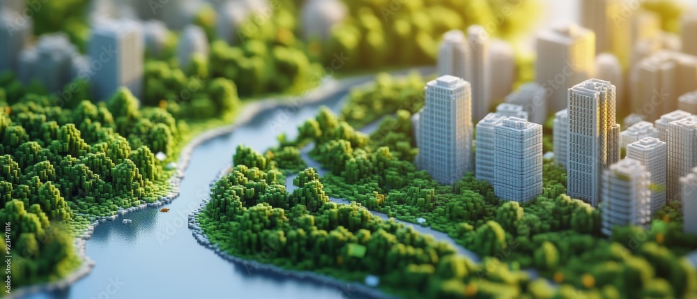 Fototapeta premium Urban Wildlife Oasis: Detailed Isometric City Wildlife Corridor View