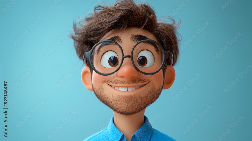 Happy Smiling Cartoon Man in Blue Shirt with Big Glasses on Light Background - 3D Style Design Portrait of Adult Male - Human People Emotions and Expressions Concept Happy Smiling Cartoon Man in Blue Shirt with Big Glasses on Light Background - 3D Style Design Portrait of Adult Male - Human People Emotions and Expressions Concept
