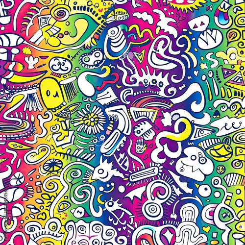 Colorful, hand-drawn doodles in a flat design, symbolizing the hippie lifestyle and concepts of peace and love.