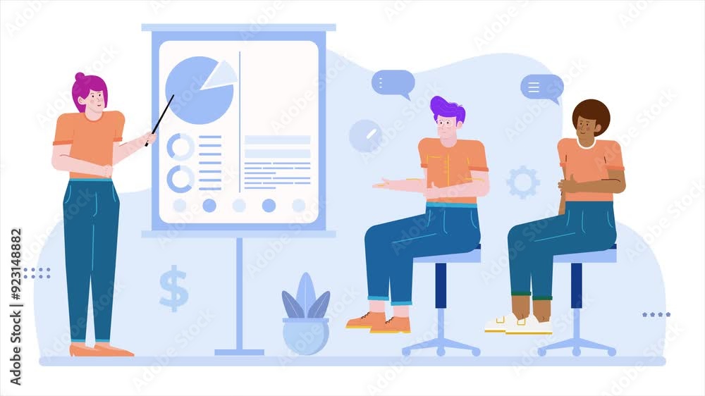 A team meeting featuring a presenter discussing data trends illustration business animated video