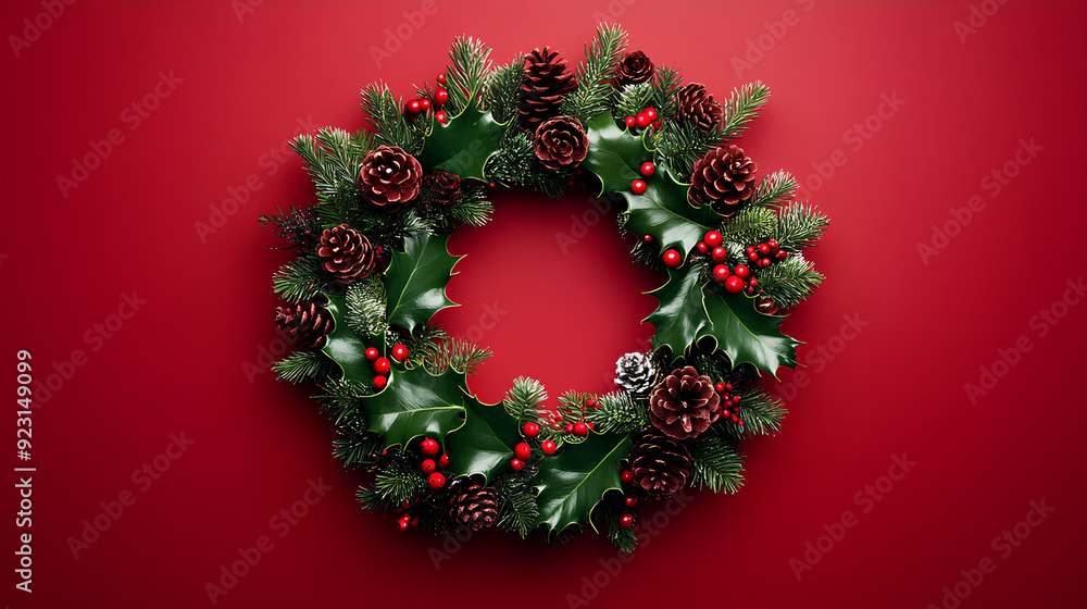 wreath_made_of_holly_and_pinecones_red_background wreath_made_of_holly_and_pinecones_red_background