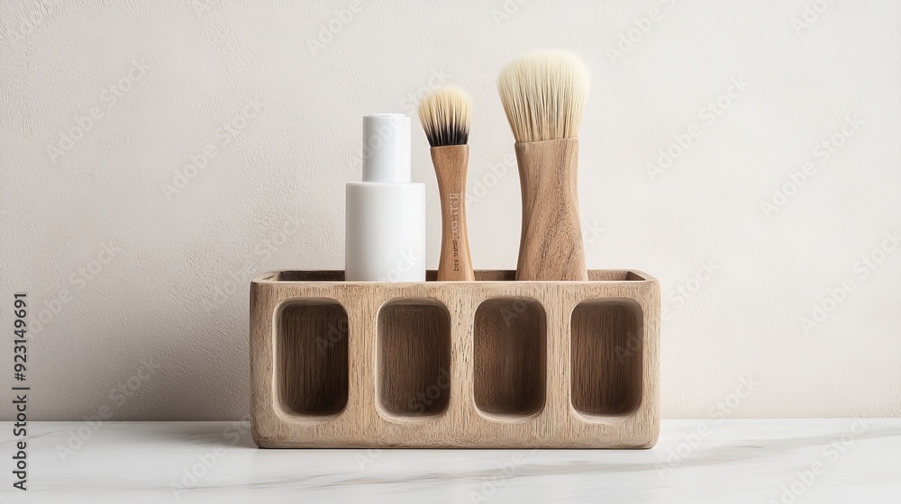 Naklejka premium Rustic wooden brush holder with artisanal storage cubbies, vintage design, featuring handcrafted details and earthy tones, perfect for cozy interiors