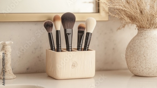 Rustic wooden makeup brush holder with labeled compartments, displaying a mix of natural bristle brushes in a cozy vintage bathroom setting