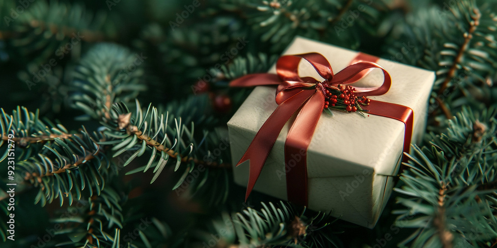 Stylish wrapped christmas gift rustic basket with fir branches and modern decorations on table close up Merry Christmas and Happy holidays Atmospheric scandinavian image Stylish wrapped christmas gift rustic basket with fir branches and modern decorations on table close up Merry Christmas and Happy holidays Atmospheric scandinavian image