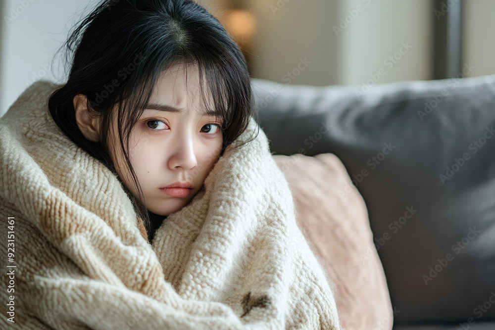 Unwell Asian Woman Covered with Blanket on Couch, Suffering from Stomach Flu and Emotional Distress, Highlighting Health Issues and Depression Unwell Asian Woman Covered with Blanket on Couch, Suffering from Stomach Flu and Emotional Distress, Highlighting Health Issues and Depression