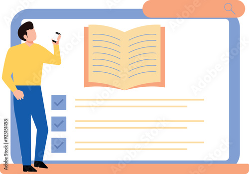 The boy is reading a book online.