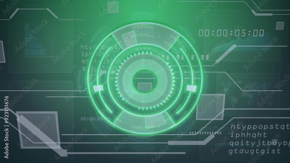 Futuristic digital interface with rotating elements and data processing animation Futuristic digital interface with rotating elements and data processing animation