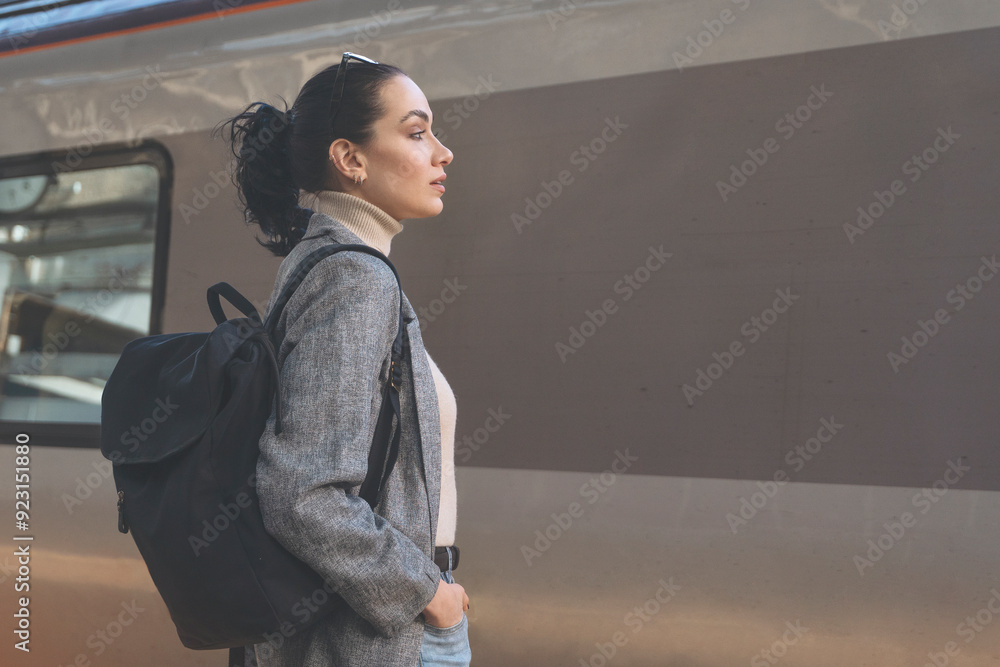 woman waits at train station, gazing thoughtfully as her train pulls in during tranquil afternoon woman waits at train station, gazing thoughtfully as her train pulls in during tranquil afternoon