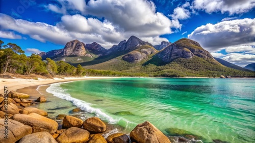 Serene turquoise waters lap against the sugar-white sandy shores of Freycinet National Park, Tasmania, with majestic granite mountains rising in the background. photo