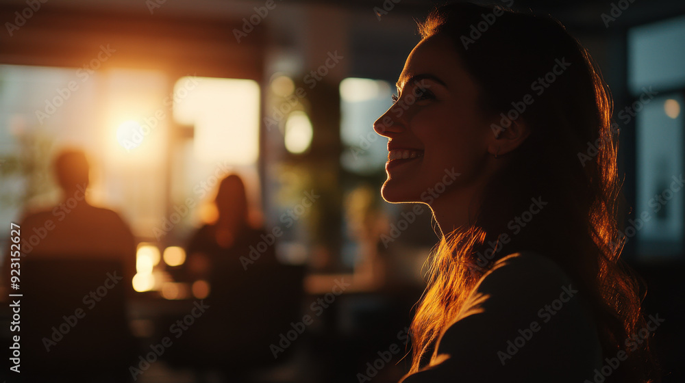 Modern office setting, a happy, well-lit person under a spotlight with a dark area next to them containing Modern office setting, a happy, well-lit person under a spotlight with a dark area next to them containing