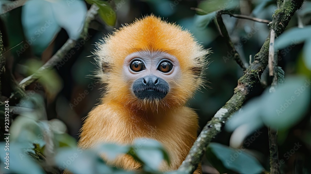 A Golden-Furred Monkey Gazes Through Lush Green Foliage A Golden-Furred Monkey Gazes Through Lush Green Foliage