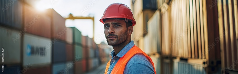 Construction worker in a busy shipping yard with stacked containers, sunny day Construction worker in a busy shipping yard with stacked containers, sunny day