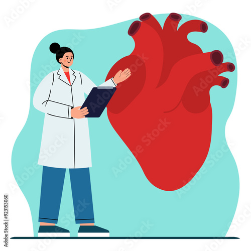 Female cardiologist doctor conducts a medical examination of a human heart. Heart disease examination. Cardiology concept. Flat vector illustration on blue background